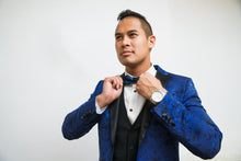 Load image into Gallery viewer, Man wearing blue silk tuxedo